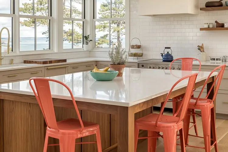 Kitchen island with coral stools – Contemporary on the Cape, Cape Elizabeth, Maine