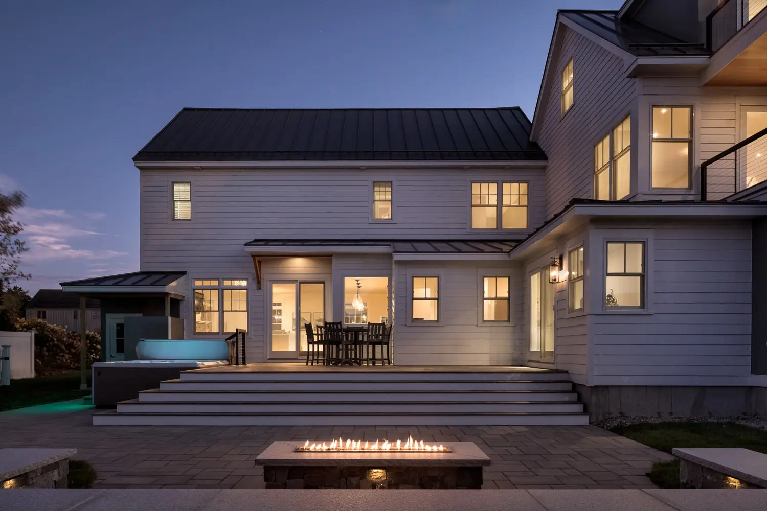 Beach house exterior at twilight – Driftwood Lane project, Pine Point, Scarborough, Maine, near Biddeford