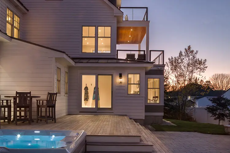 Three-story garage addition with balconies – Driftwood Lane, Pine Point, Scarborough, Maine