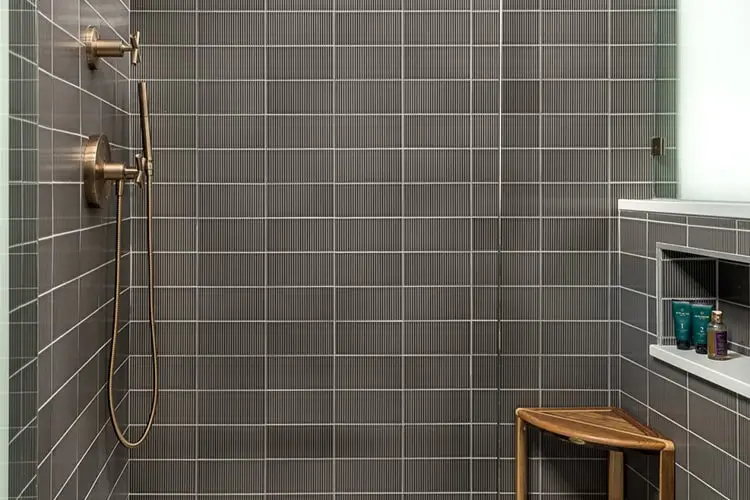 Gray-tiled shower – Lake House, Windham, Maine