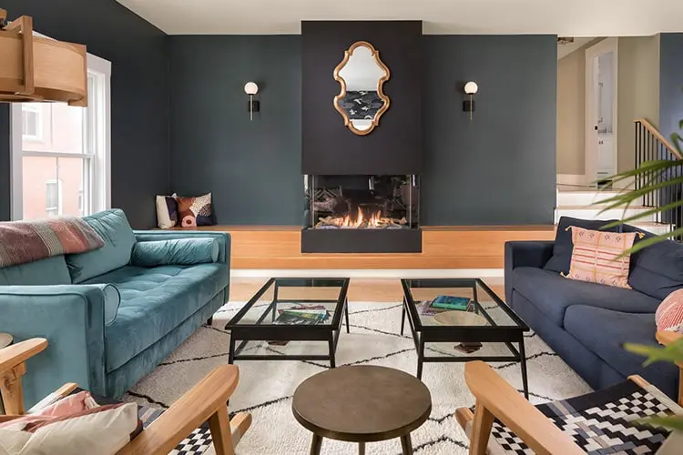 Open living room with oak floors – Vaughan Street renovation, Portland, Maine
