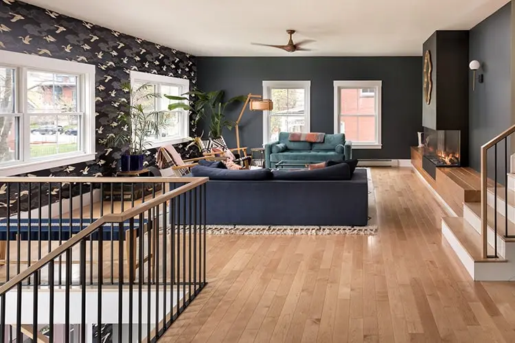 Second-story living room with custom fireplace – Vaughan Street renovation, Portland, Maine
