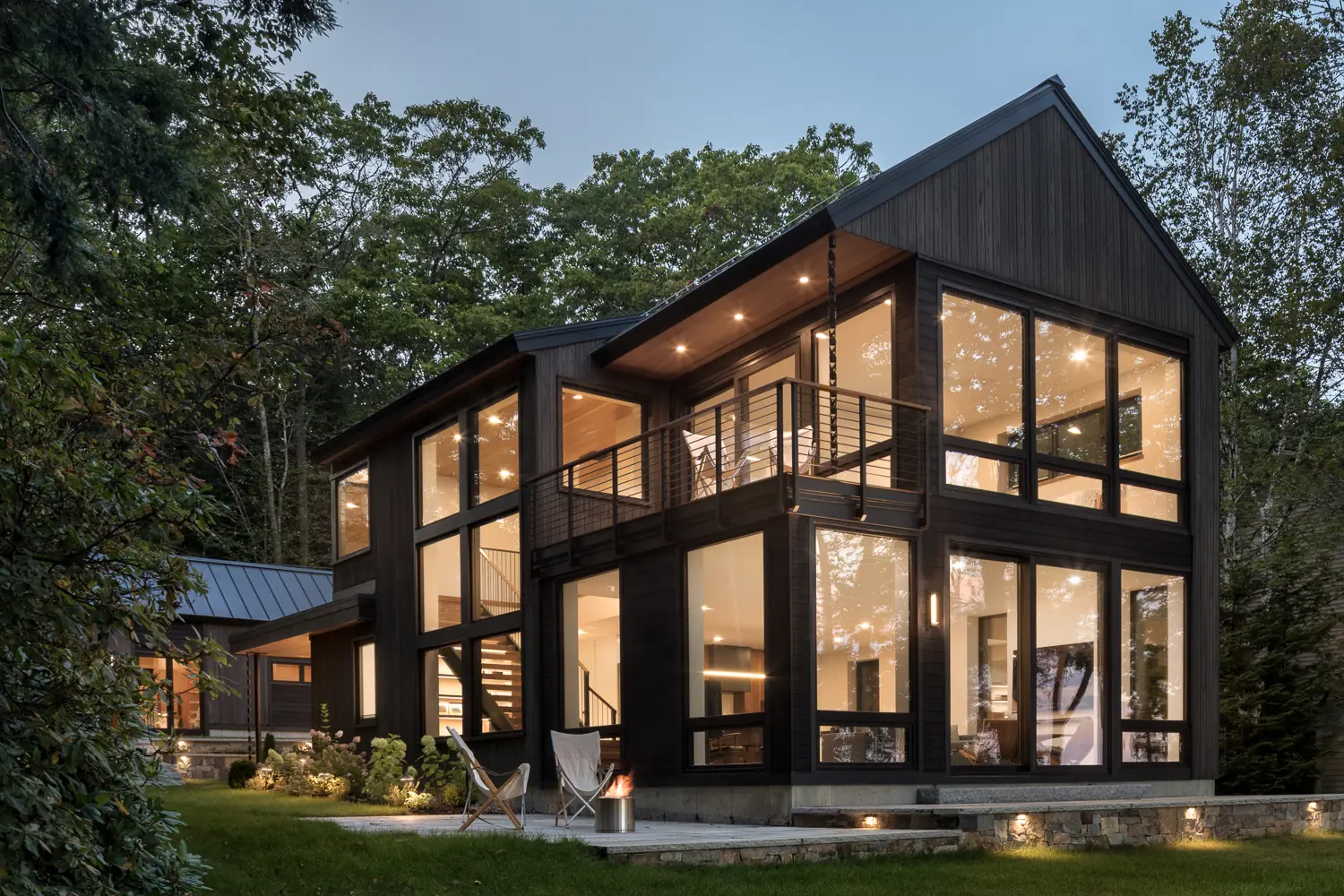 Modern home facade with floor-to-ceiling windows – Whites Cove project, Yarmouth, Maine